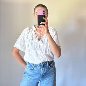 Vince Cotton Front Tie Short Sleeve White Blouse Smocked Collar Women’s Small